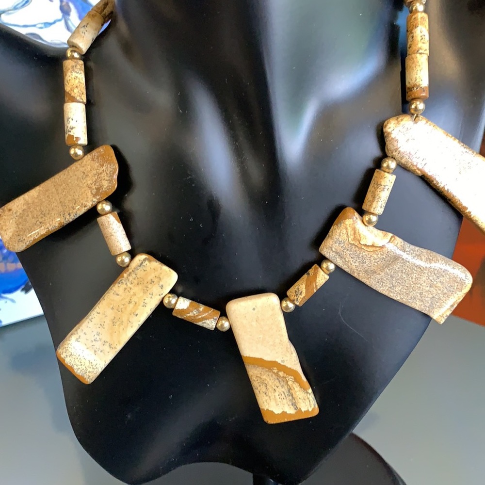 Handcrafted Picture Jasper Semi Precious Statemen Necklace and earrings Jewelry - Picture 3 of 9